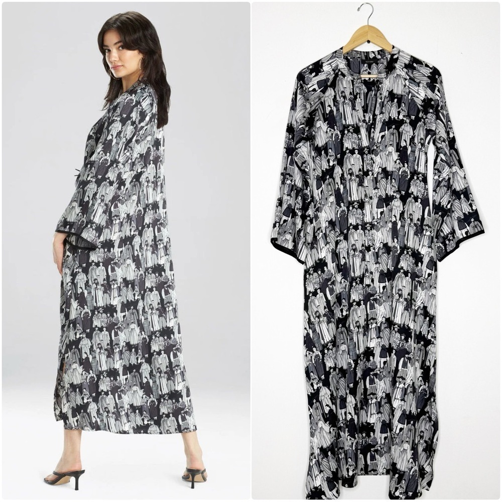 Natori Dynasty Caftan Black Gray Print Long Maxi Dress Size XS